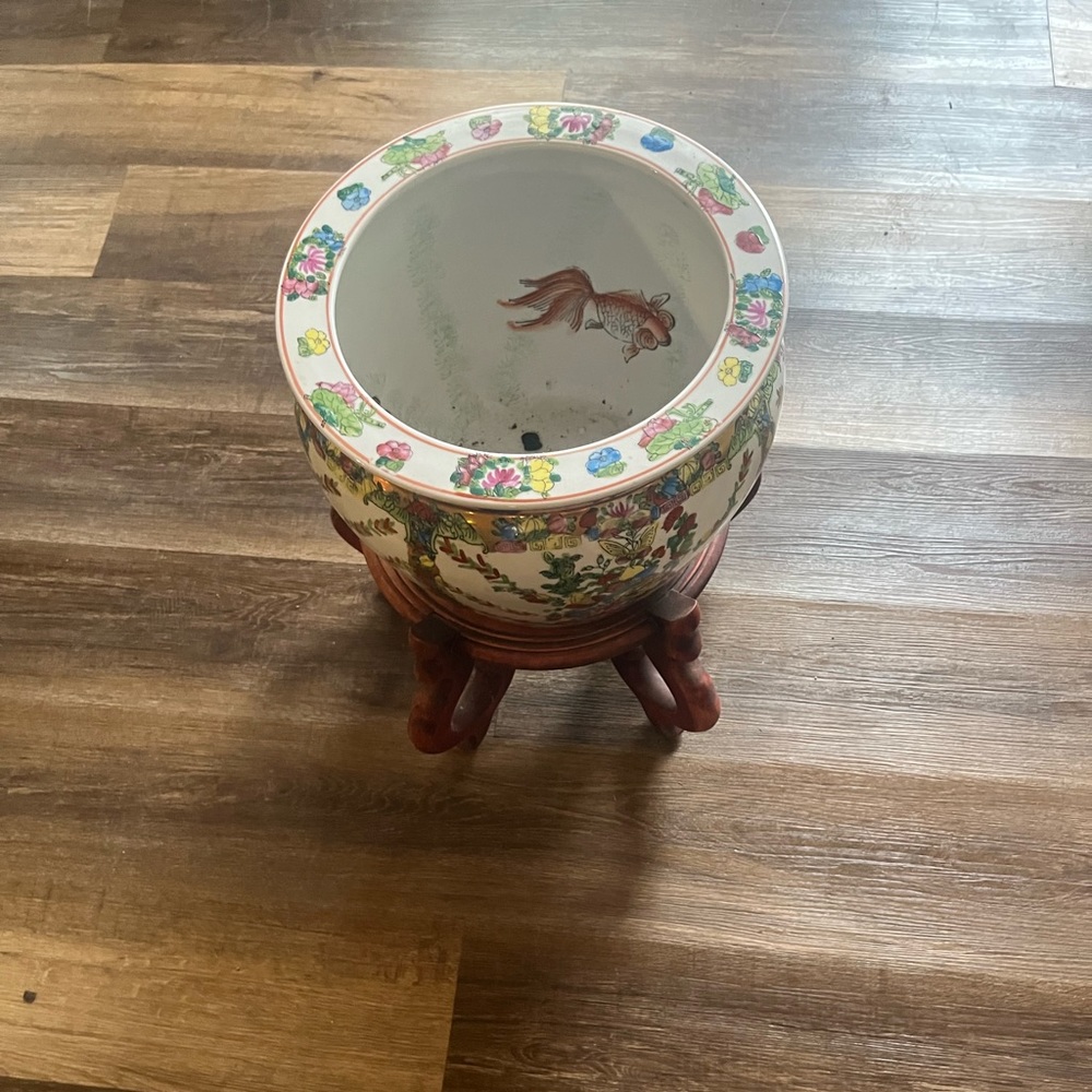 Vintage porcelain koi fish bowl, planter, with separated carved wood stand.